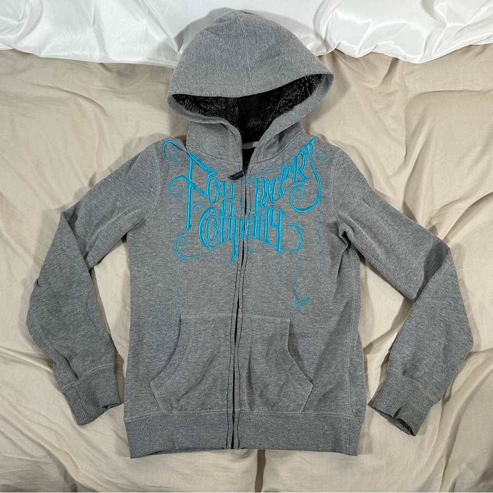 Fox Racing Y2K 00s Gray ZipUp Hoodie Fur Lined Jacket Blue Embroidery Unisex Sm